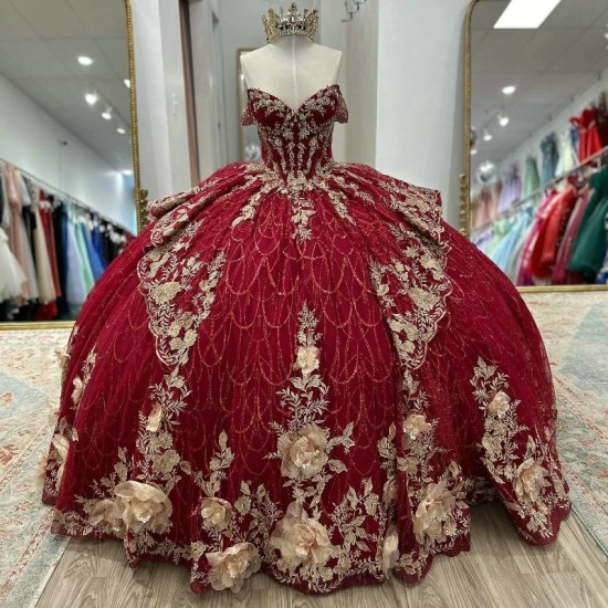 Crystal Red Shiny Quinceanera Dresses 2024 Applique Flower Beads Tull Princess Sweet 16 Year Birthday Party Gown Vestidos De 15