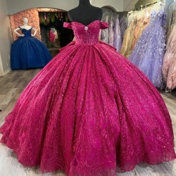 Crystal Rose Red Sparkly Princess Quinceanera Dresses Off Shoulder Sequins Prom Corset Sweet 16 vestidos 15 de cerimonia