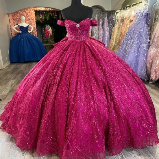 Crystal Rose Red Sparkly Princess Quinceanera Dresses Off Shoulder Sequins Prom Corset Sweet 16 vestidos 15 de cerimonia