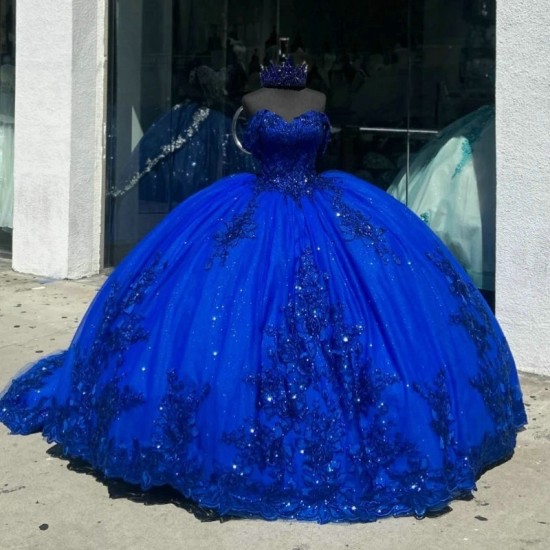 Crystal Royal Blue Glitter Beading Tassel Ball Gown Quinceanera Dresses Off The Shoulder Sequined Appliques Sweet Vestidos De 15