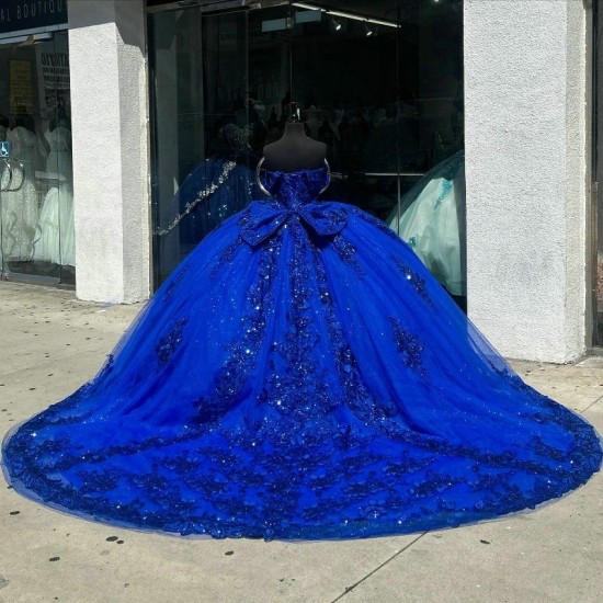 Crystal Royal Blue Glitter Beading Tassel Ball Gown Quinceanera Dresses Off The Shoulder Sequined Appliques Sweet Vestidos De 15