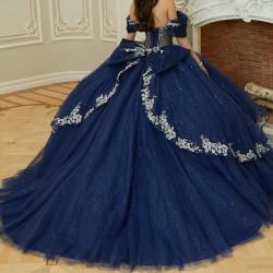 Crystals Navy Blue Shiny Quinceanera Dress Ball Gown Off The Shoulder Applique Tull Corset Sweet 16 Vestido De 15 Anos