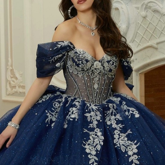 Crystals Navy Blue Shiny Quinceanera Dress Ball Gown Off The Shoulder Applique Tull Corset Sweet 16 Vestido De 15 Anos