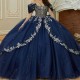 Crystals Navy Blue Shiny Quinceanera Dress Ball Gown Off The Shoulder Applique Tull Corset Sweet 16 Vestido De 15 Anos