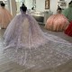 Floral Appliques Lavender Shiny Quinceanera Dresses Champagne 3D Flowers Lace Tull With Cape Vestidos De XV Anos Sweet 16