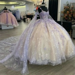 Floral Appliques Lavender Shiny Quinceanera Dresses Champagne 3D Flowers Lace Tull With Cape Vestidos De XV Anos Sweet 16