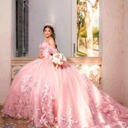 Flower Pink 15 Quinceanera Dresses Lace Tull Sweetheart Off The Shoulder Birthday Party Dress Beading Ball Gown 15 Vestidos De