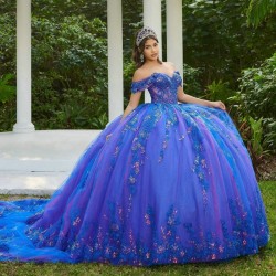 Glitter Blue Quinceanera Dress Ball Gown Off The Shoulder Applique Lace Beading Tull Corset Sweet 16 Vestidos De 15 Anos