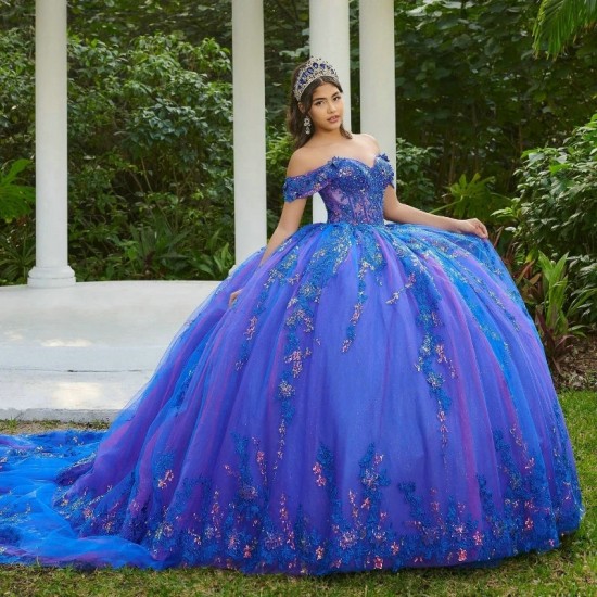 Glitter Blue Quinceanera Dress Ball Gown Off The Shoulder Applique Lace Beading Tull Corset Sweet 16 Vestidos De 15 Anos