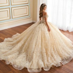 Glitter Champagne Quinceanera Dress Ball Gown Off The Shoulder Lace Applique Beaded Tull Mexican Corset Sweet 16 Vestidos De 15