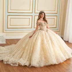 Glitter Champagne Quinceanera Dress Ball Gown Off The Shoulder Lace Applique Beaded Tull Mexican Corset Sweet 16 Vestidos De 15