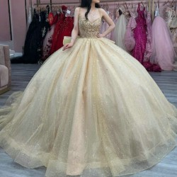 Glitter Champagne Quinceanera Dresses Ball Gown Off The Shoulder Beaded Crystal Bow Sweet 16 Dress Corset Vestidos De 15 Anos