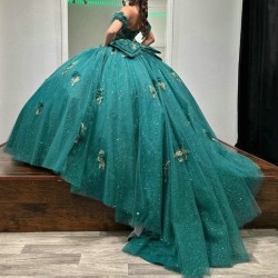 Glitter Emerald Green Princess Ball Gown Quinceanera Dresses Lace Appliques Crystals Beads Tull Sweet 16 Dress vestidos de 15