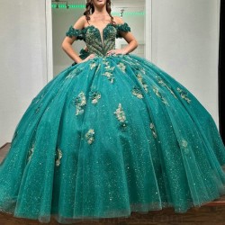 Glitter Emerald Green Princess Ball Gown Quinceanera Dresses Lace Appliques Crystals Beads Tull Sweet 16 Dress vestidos de 15