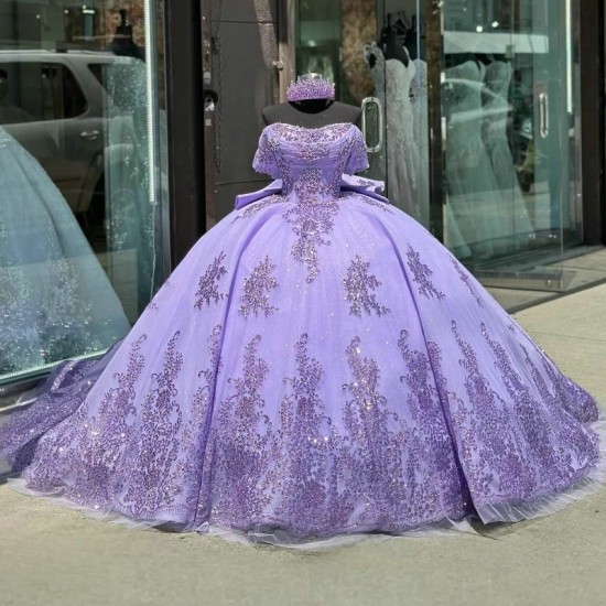 Glitter Lavender Off The Shoulder Princess Quinceanera Dresses Sequins Appliques Lace Beads Tull Sweet 15th Prom Party Vestidos