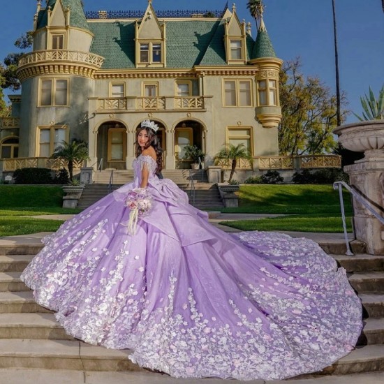 Glitter Lavender Quinceanera Prom Dresses Appliques 3D Flower Beads Princess Off The Shoulder Sweet 16 Dress Vestidos De 15 Anos