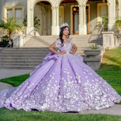 Glitter Lavender Quinceanera Prom Dresses Appliques 3D Flower Beads Princess Off The Shoulder Sweet 16 Dress Vestidos De 15 Anos