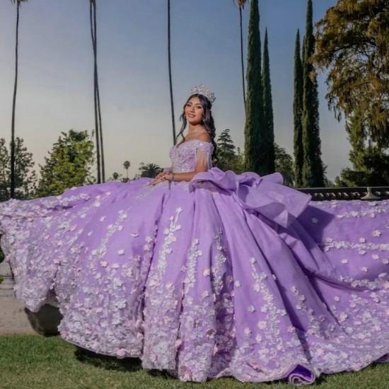 Glitter Lavender Quinceanera Prom Dresses Appliques 3D Flower Beads Princess Off The Shoulder Sweet 16 Dress Vestidos De 15 Anos