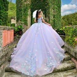 Glitter Lilac Sky Blue Off The Shoulder Quinceanera Dress Ball Gown Applique Lace Bow Beading Corset Sweet 16 Vestidos De XV 15