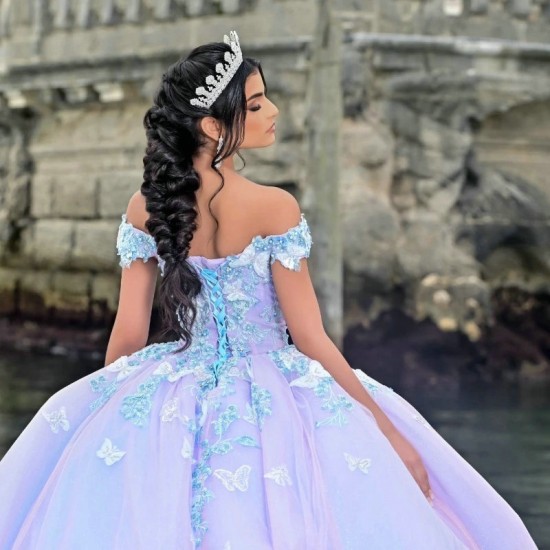 Glitter Lilac Sky Blue Off The Shoulder Quinceanera Dress Ball Gown Applique Lace Bow Beading Corset Sweet 16 Vestidos De XV 15