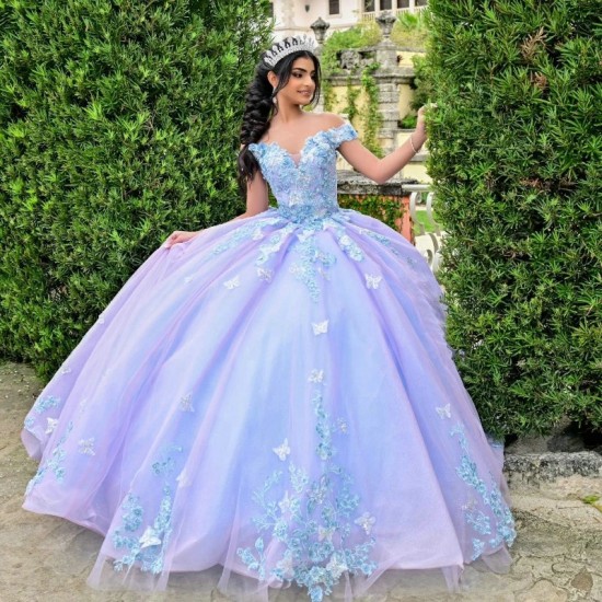 Glitter Lilac Sky Blue Off The Shoulder Quinceanera Dress Ball Gown Applique Lace Bow Beading Corset Sweet 16 Vestidos De XV 15