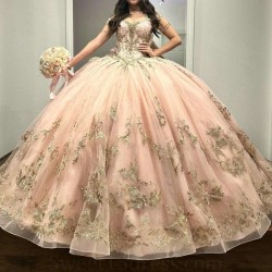 Glitter Pink Quinceanera Dress Ball Gown Off The Shoulder Gold Lace Applique Beaded Bow Mexican Sweet 16 Vestidos De 15 Anos