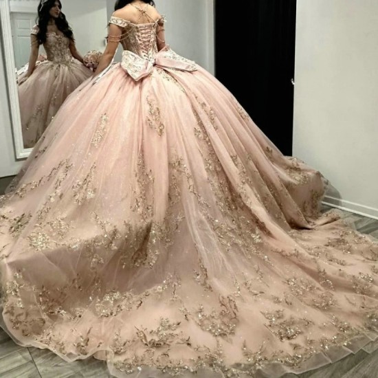 Glitter Pink Quinceanera Dress Ball Gown Off The Shoulder Gold Lace Applique Beaded Bow Mexican Sweet 16 Vestidos De 15 Anos