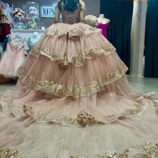 Glitter Pink Quinceanera Dress Ball Gown Off The Shoulder Gold Lace Applique Beading Tull Tiered Corset Sweet 16 Vestido 15 De