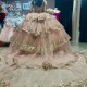 Glitter Pink Quinceanera Dress Ball Gown Off The Shoulder Gold Lace Applique Beading Tull Tiered Corset Sweet 16 Vestido 15 De