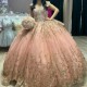 Glitter Pink Quinceanera Dress Ball Gown Off The Shoulder Gold Lace Applique Beading Tull Tiered Corset Sweet 16 Vestido 15 De