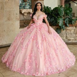 Glitter Pink Quinceanera Dress Ball Gown Off The Shoulder Lace Applique Beading Tull Mexican Corset Sweet 16 Vestidos De 15