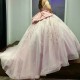 Glitter Pink Quinceanera Dress Ball Gown Off The Shoulder Lace Beading Crystal Tull Corset Birthday Sweet 16 Vestido 15 De Anos