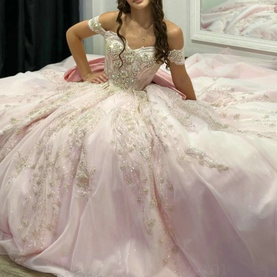 Glitter Pink Quinceanera Dress Ball Gown Off The Shoulder Lace Beading Crystal Tull Corset Birthday Sweet 16 Vestido 15 De Anos