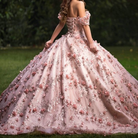 Glitter Pink Sweetheart Quinceanera Dress Off Shoulder Appliques Lace Flower Beads Tull Sweet 16 Dress Vestidos De 15 Anos