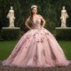 Glitter Pink Sweetheart Quinceanera Dress Off Shoulder Appliques Lace Flower Beads Tull Sweet 16 Dress Vestidos De 15 Anos