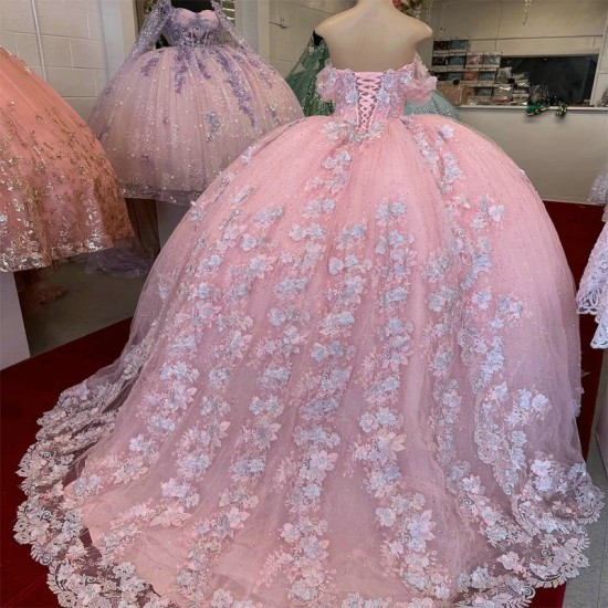 Glitter Sequins Pink Quinceanera Dresses Charming Appliques Lace Beads Tull Princess Off The Shoulder Sweet 16 Dress Vestidos 15