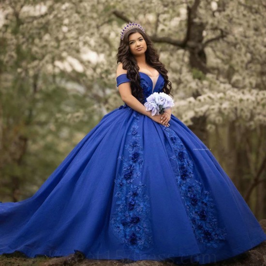 Handmade Flowers Royal Blue Quinceanera Dress For Sweet Girl Sequined Beaded Graduatin Party Prom Dress vestidos de 15 anos