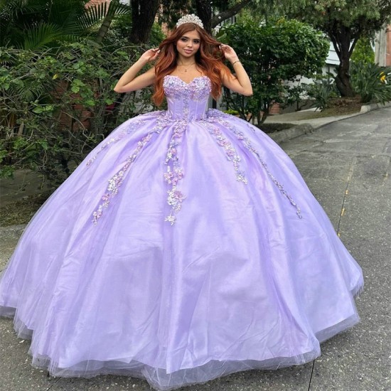 Lace Appliques Lavender Quinceanera Dresses Ball Gown Birthday Gowns Off The Shoulder Beads Tull Corset Sweet 16 Dresses vestido