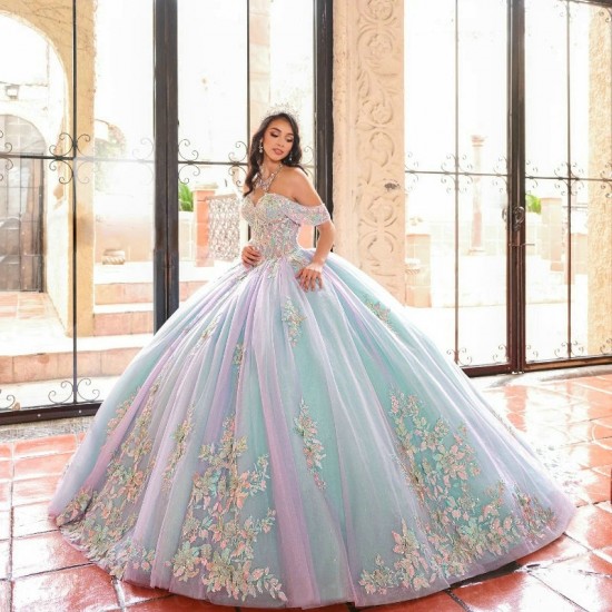 Lavender Sky Blue Shiny Quinceanera Dresses Sweet 16 Lace Applique Beads Tull Off Shoulder Lace up Prom Ball Gowns Vestido De 15