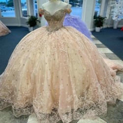 Light Champagne Crystal Beading Ball Gown Quinceanera Dresses Off The Shoulder 3D Appliques Lace Tull Corset Vestidos De 15 Anos