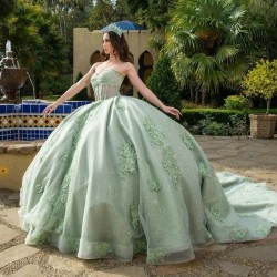 Light Green Glitter Tulle Princess Quinceanera Dresses Ball Gown Off Shoulder Applique Lace Beads Tull Lace up Prom vestido de