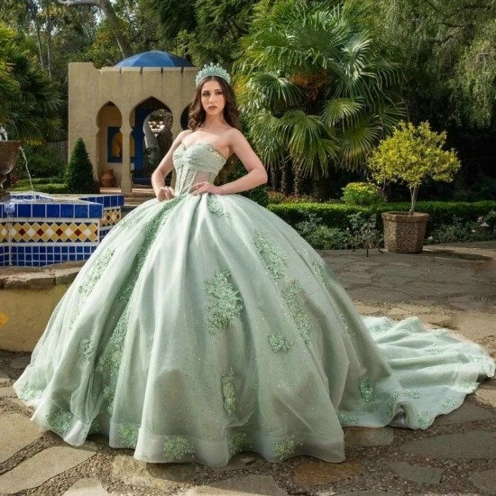 Light Green Glitter Tulle Princess Quinceanera Dresses Ball Gown Off Shoulder Applique Lace Beads Tull Lace up Prom vestido de