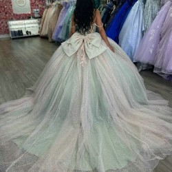 Light Green Shiny Princess Quinceanera Dresses Off the Shoulder Ball Gown Sweet 16 Dress Appliques Lace Bow Beads Crystal 15th