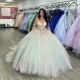 Light Green Shiny Princess Quinceanera Dresses Off the Shoulder Ball Gown Sweet 16 Dress Appliques Lace Bow Beads Crystal 15th