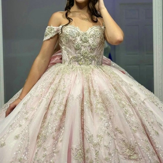 Light Pink Shiny Quinceanera Dresses Ball Gown Applique Lace Beading Tulle Lace Up Backless Party Princess Sweet 16 Dress