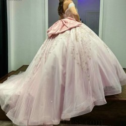 Light Pink Shiny Quinceanera Dresses Ball Gown Applique Lace Beading Tulle Lace Up Backless Party Princess Sweet 16 Dress