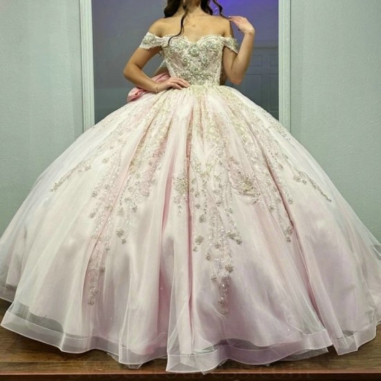 Light Pink Shiny Quinceanera Dresses Ball Gown Applique Lace Beading Tulle Lace Up Backless Party Princess Sweet 16 Dress