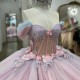 Light Pink Sweet 16 Quinceanera Dress Off Shoulder Appliquéd Lace Crystal Tull Ball Gown Princess Party Birthday Dress Vestidos