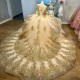 Long Sleeved Champagne Shiny Quinceanera Dress Ball Gown Gold Lace Applique Beaded Tull Sweet 16 Vestidos De 15 Anos