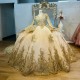 Long Sleeved Champagne Shiny Quinceanera Dress Ball Gown Gold Lace Applique Beaded Tull Sweet 16 Vestidos De 15 Anos